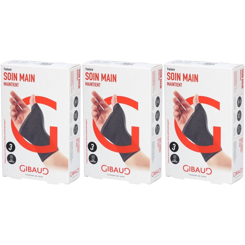 Trois boîtes de maintien de la main. Inscription: SOIN MAIN MAINTIENT, GIBAUD. Illustration d'une main avec une orthèse. Taille 3.