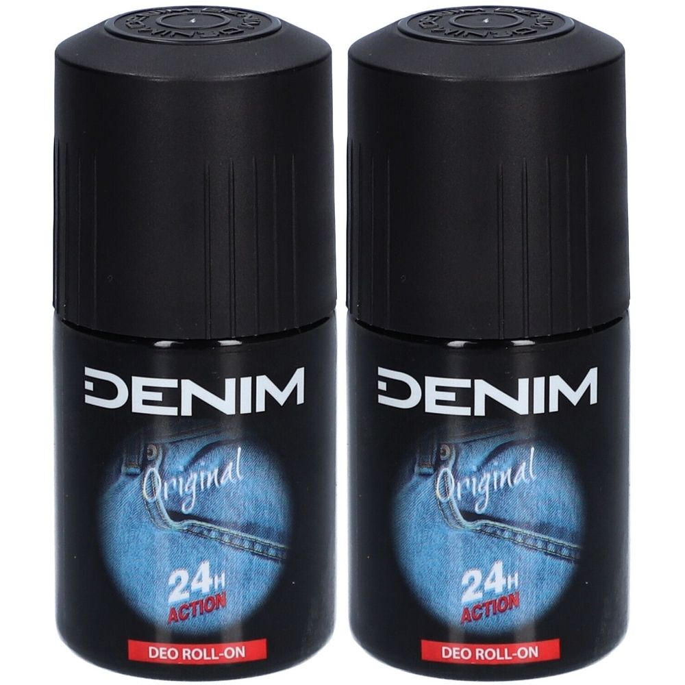 Deux roll-on déodorants noirs. Inscription: DENIM, Original, 24H Action. Image d'un jean sur l'emballage.