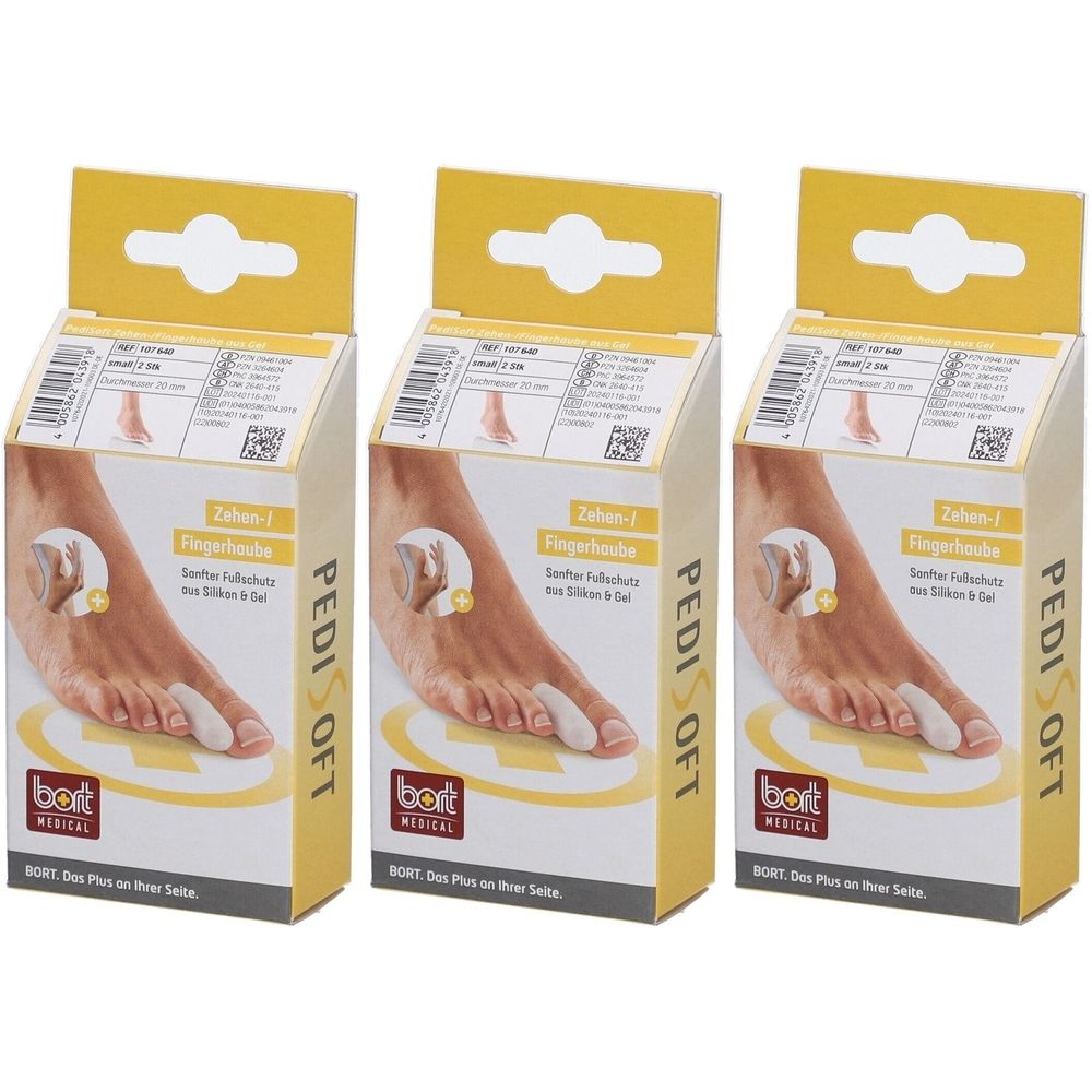 Trois boîtes de Bort PediSoft. Emballages jaunes avec image du produit et texte. Marque Bort Medical.