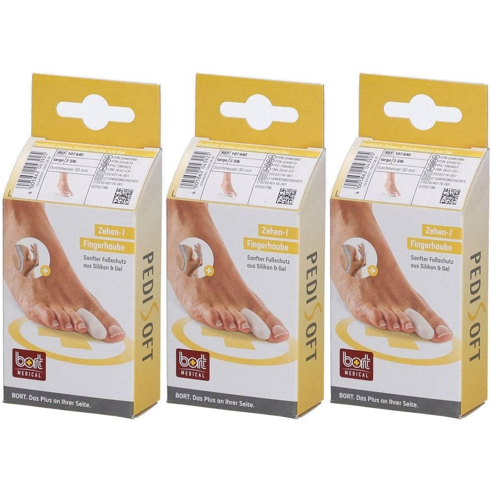 Drie dozen BORT PediSoft® teen-/vingerbeschermer. Elke doos toont een voet met teenbeschermer. Geel-witte verpakking met productinformatie.