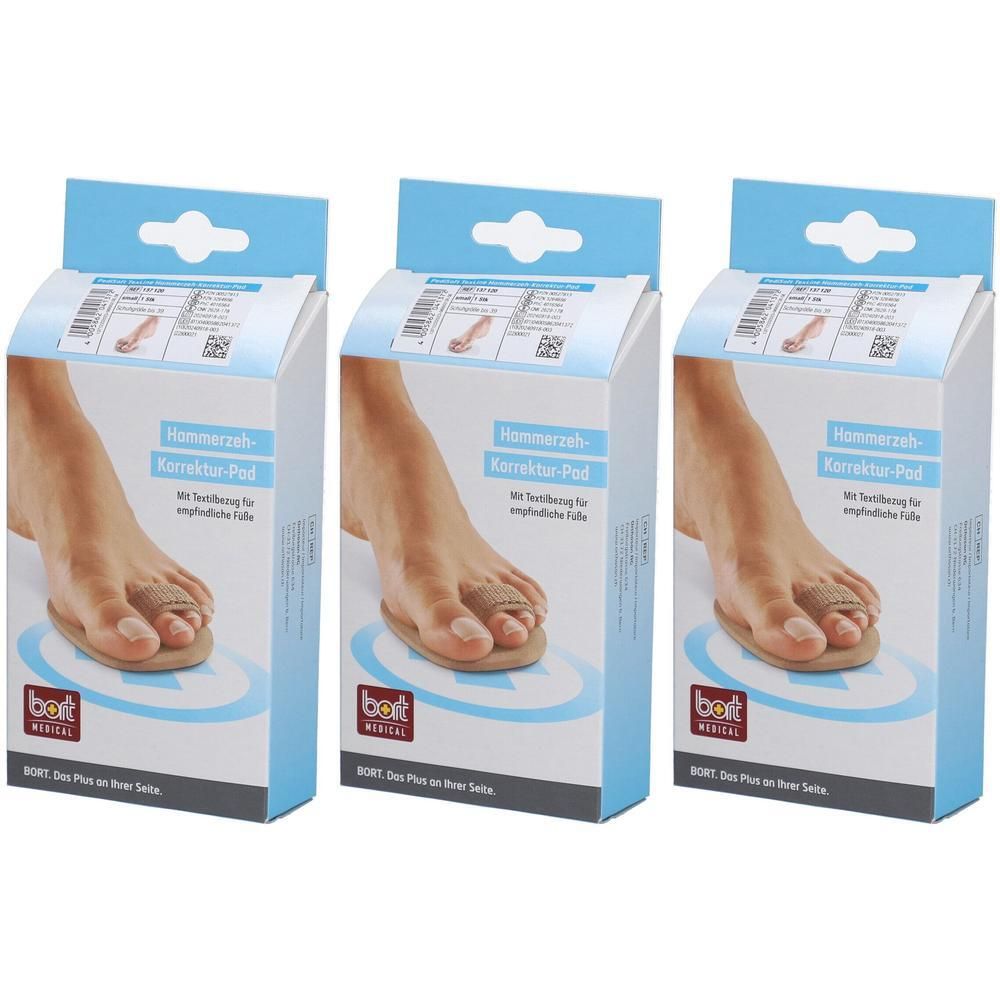 Drie verpakkingen teenhamer-correctiepads met Bort Medical logo en voetafbeelding.