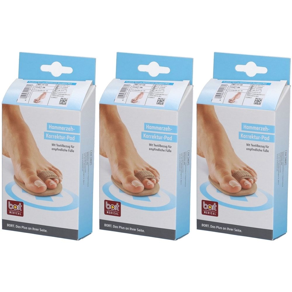 Trois paquets de coussinets correcteurs pour orteils en marteau avec logo Bort Medical et illustration de pied.