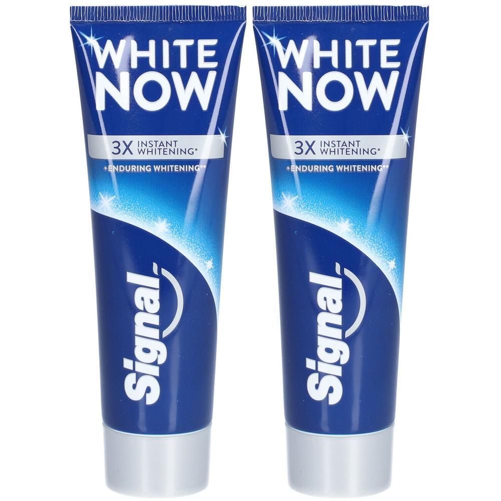 Twee blauw-witte tubes tandpasta met de tekst WHITE NOW en Signal. 3X Instant Whitening.