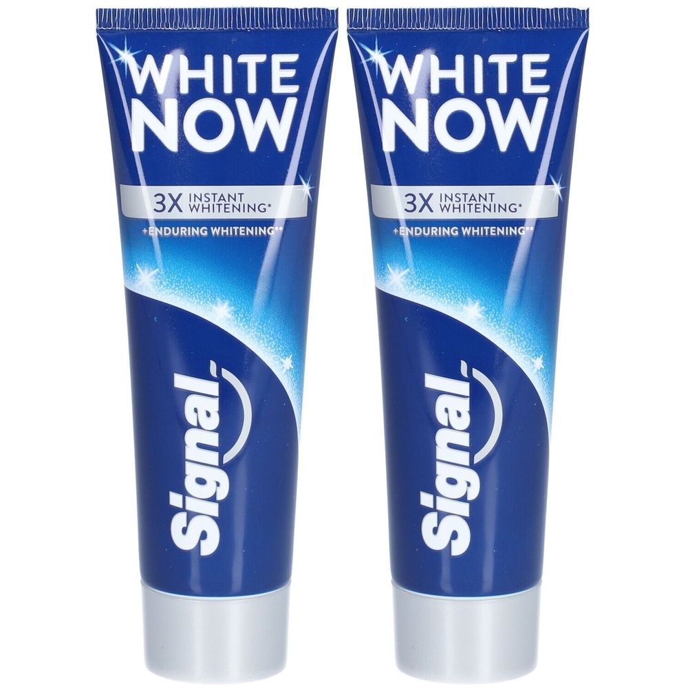 Deux tubes de dentifrice bleu et blanc avec l'inscription WHITE NOW et Signal. 3X Blanchiment instantané.
