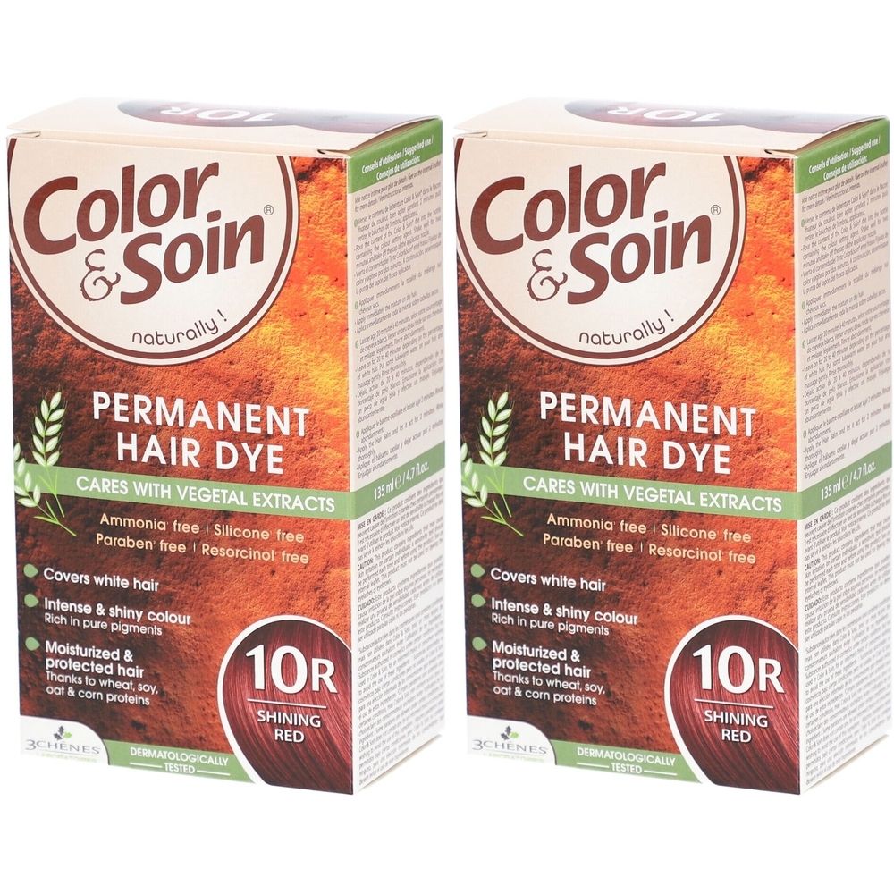 Twee dozen Color&Soin haarverf. Opschrift: Permanent Hair Dye, 10R Shining Red. Bevat plantaardige extracten.