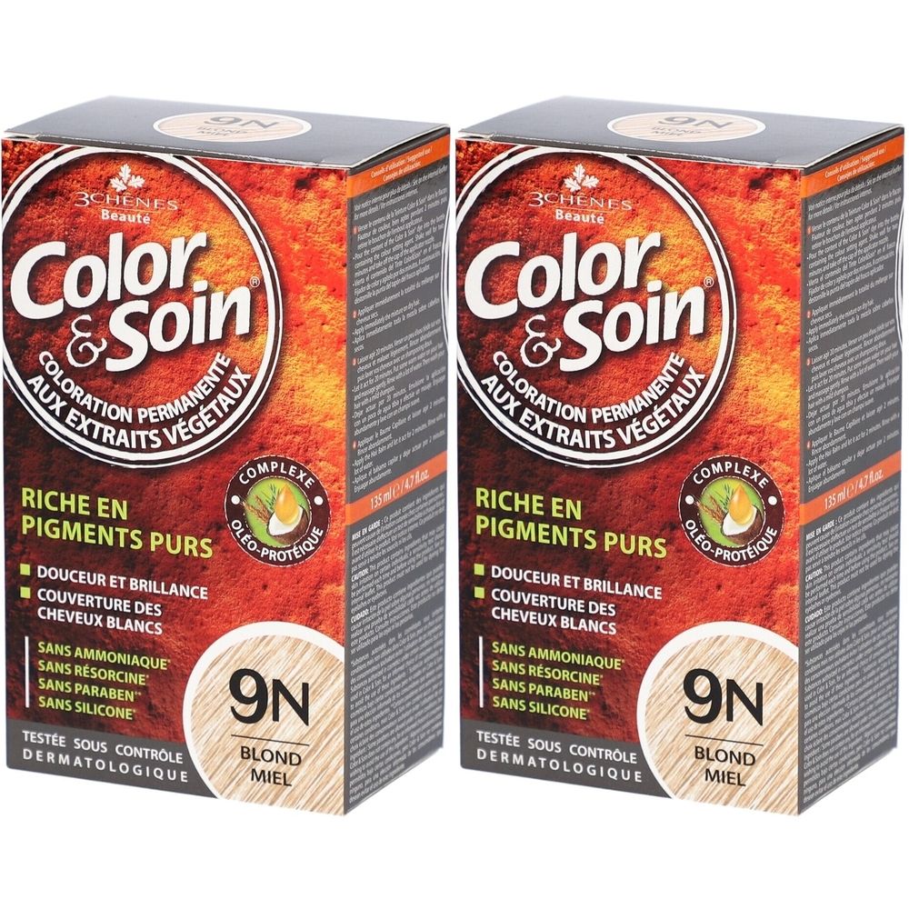 Deux boîtes de coloration capillaire. Inscription: Color & Soin, 9N Blond Miel. Aux extraits végétaux, sans ammoniaque, résorcine, parabène et silicone.