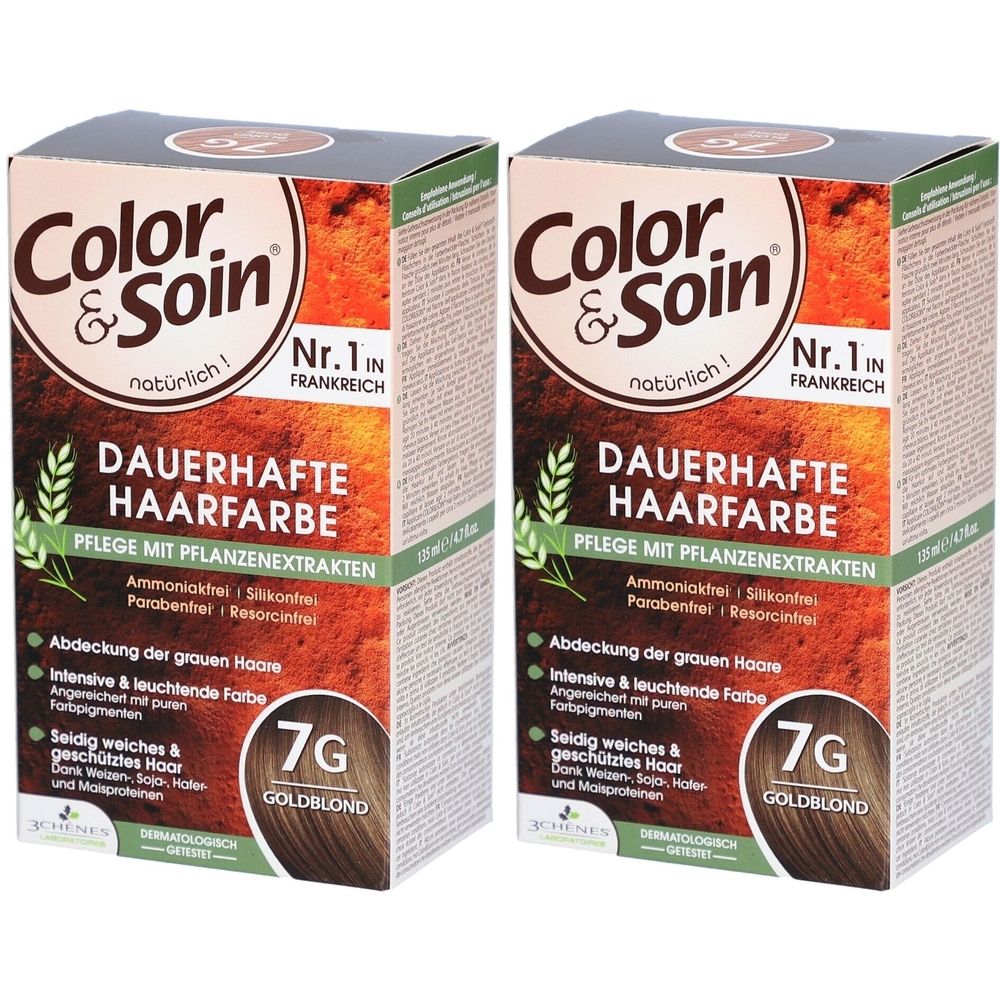 Deux boîtes de Color & Soin® Coloration Permanente 7G Blond doré. Inscription : N°1 en France. Contient des extraits de plantes.
