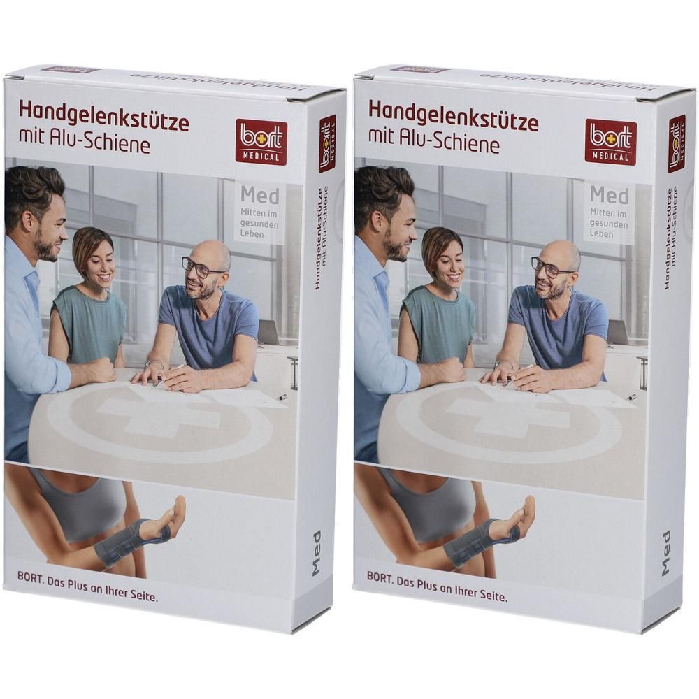 Orthèse de poignet BORT avec attelle en aluminium, gauche. Boîte en carton avec illustration du produit et scénario d'utilisation.