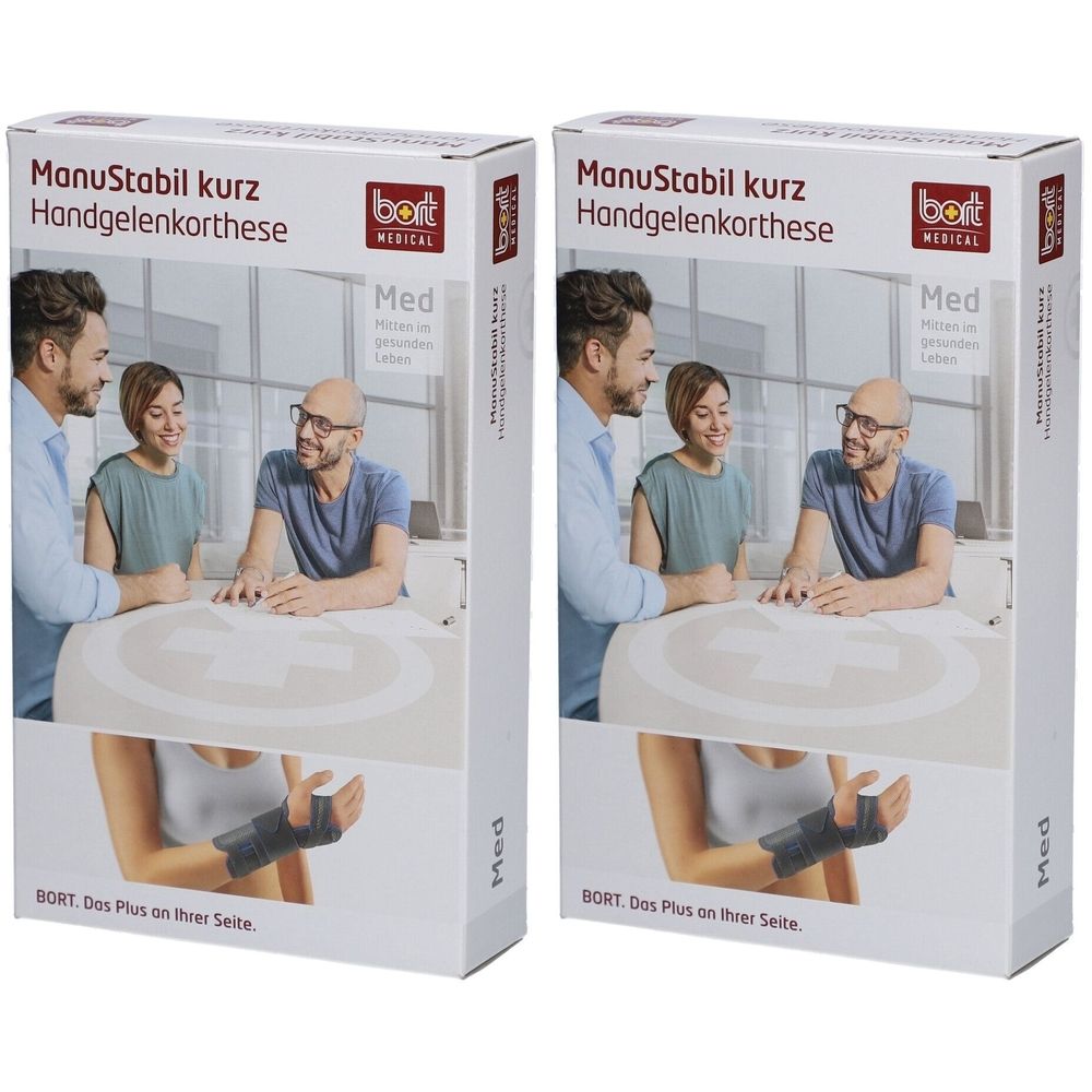 Verpakking voor Bort ManuStabil kurz polsbrace, links, zwart. Toont productafbeelding en gebruiksscenario.