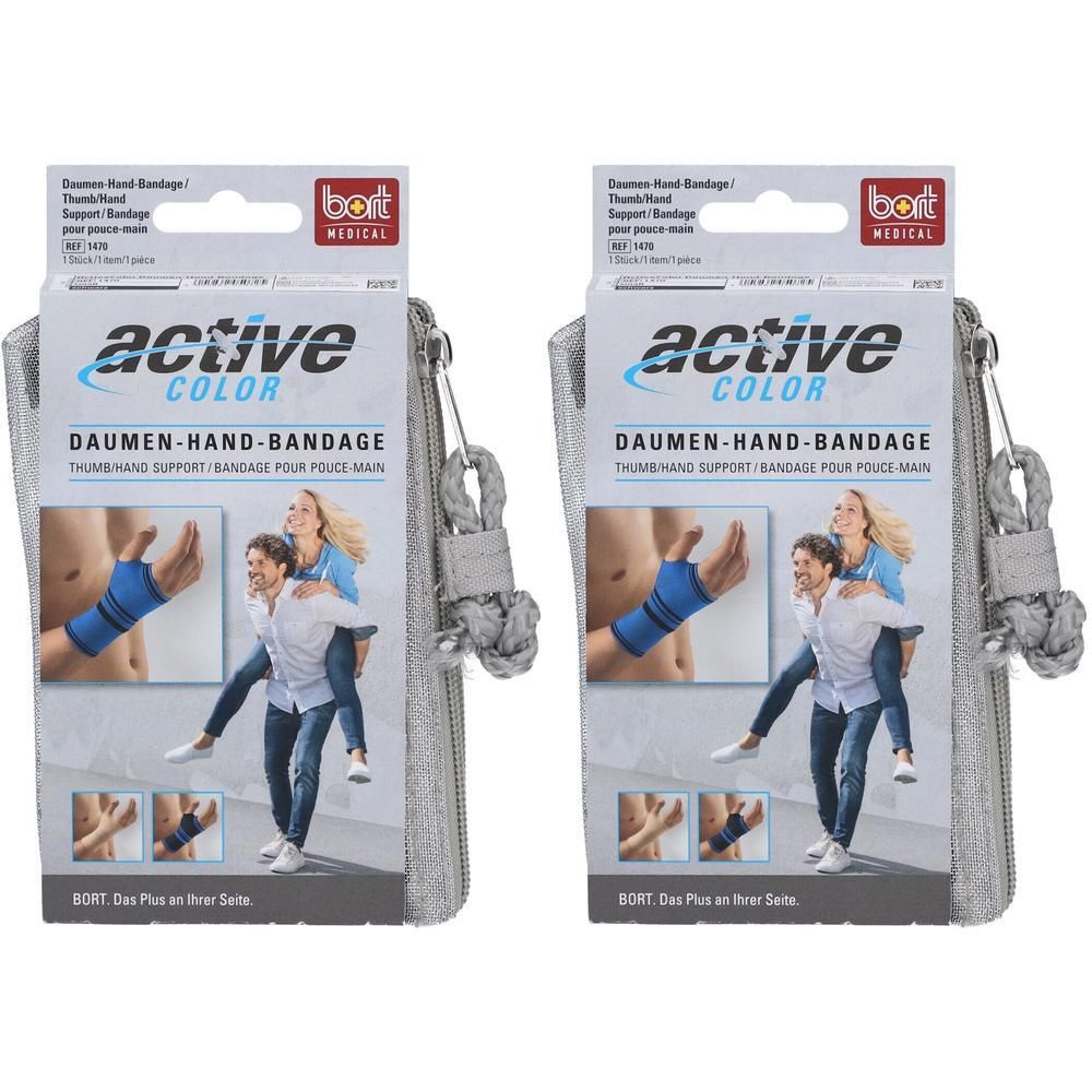Twee BORT ActiveColor® Duim-handbandages Zwart, maat S, in individuele verpakking.