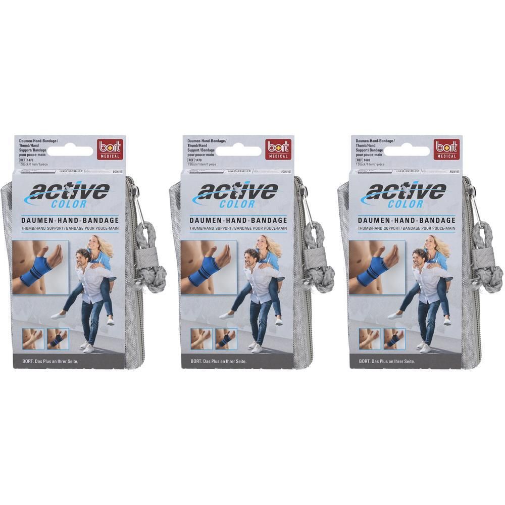 Drie verpakkingen van de BORT ActiveColor® Duim-Hand-Bandage in zwart, maat S. Elke verpakking toont gebruiksillustraties.