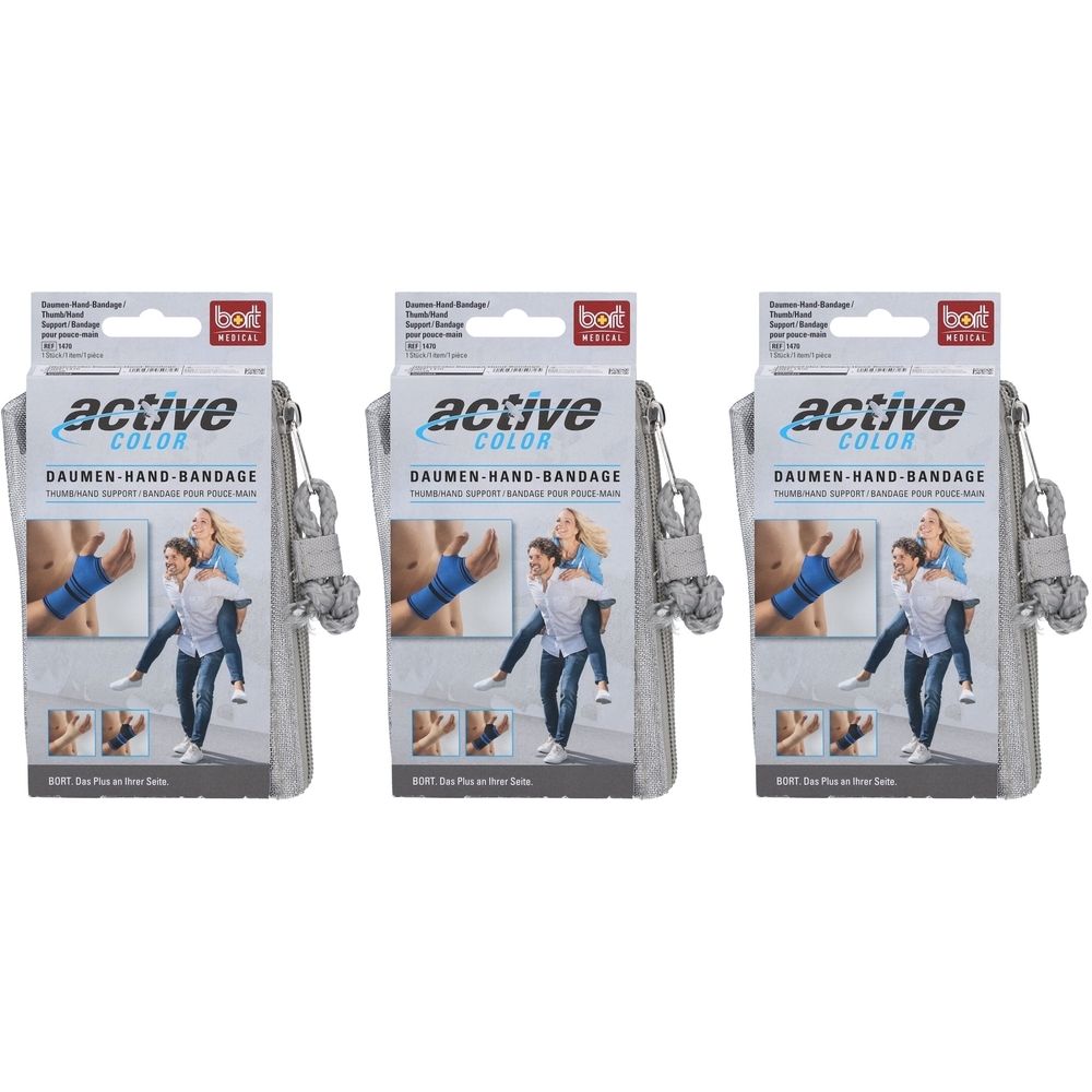 Drie verpakkingen van de BORT ActiveColor® Duim-Hand-Bandage in zwart, maat S. Elke verpakking toont gebruiksillustraties.