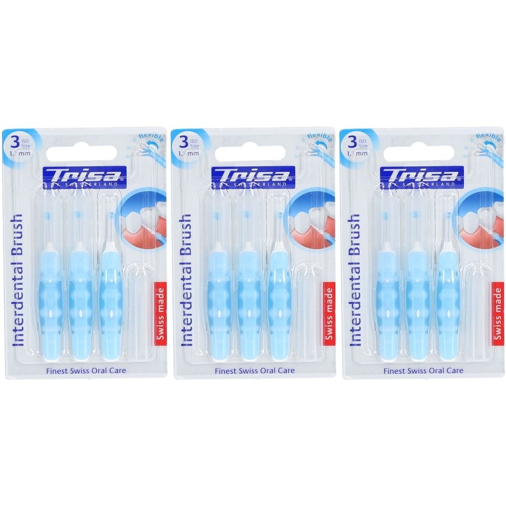 Drie blisters met blauwe interdentale borstels. Opschrift: Trisa, Interdental Brush, 3 L, Swiss made.