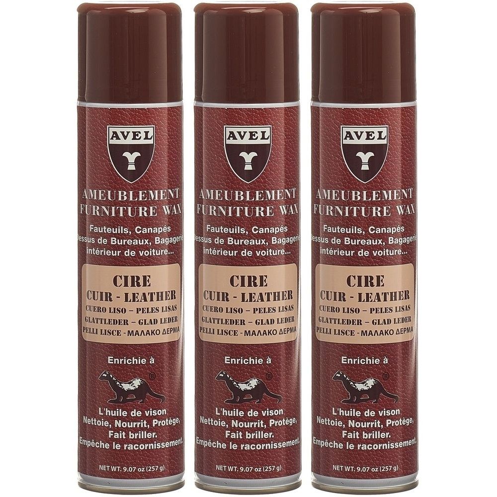Trois aérosols avec bouchon marron. Inscription : AVEL, cire pour meubles, cuir. Contient de l'huile de vison. Net 257g.