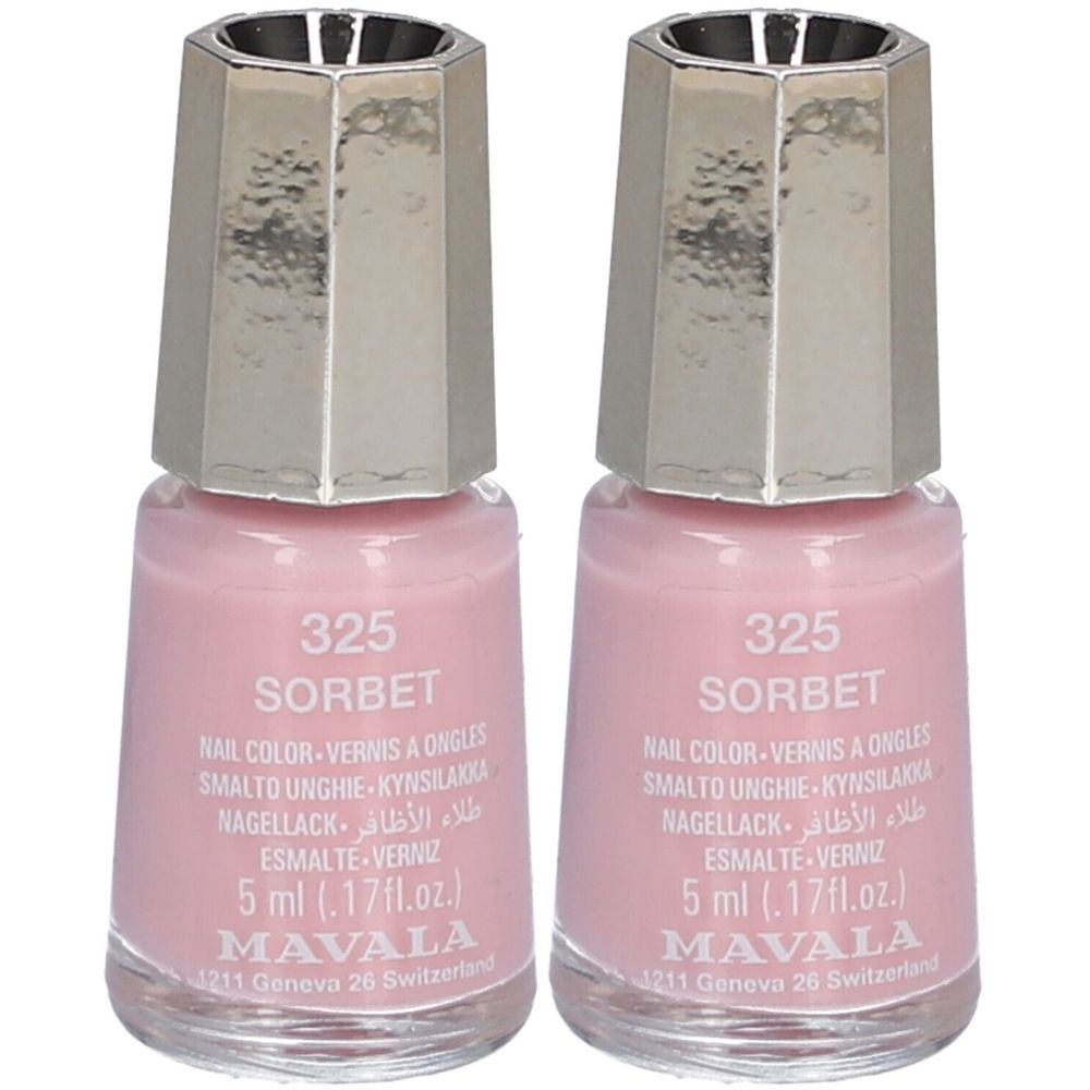 Deux flacons de vernis à ongles roses. Inscription : 325 Sorbet, Mavala. Bouchon argenté. Volume : 5 ml.