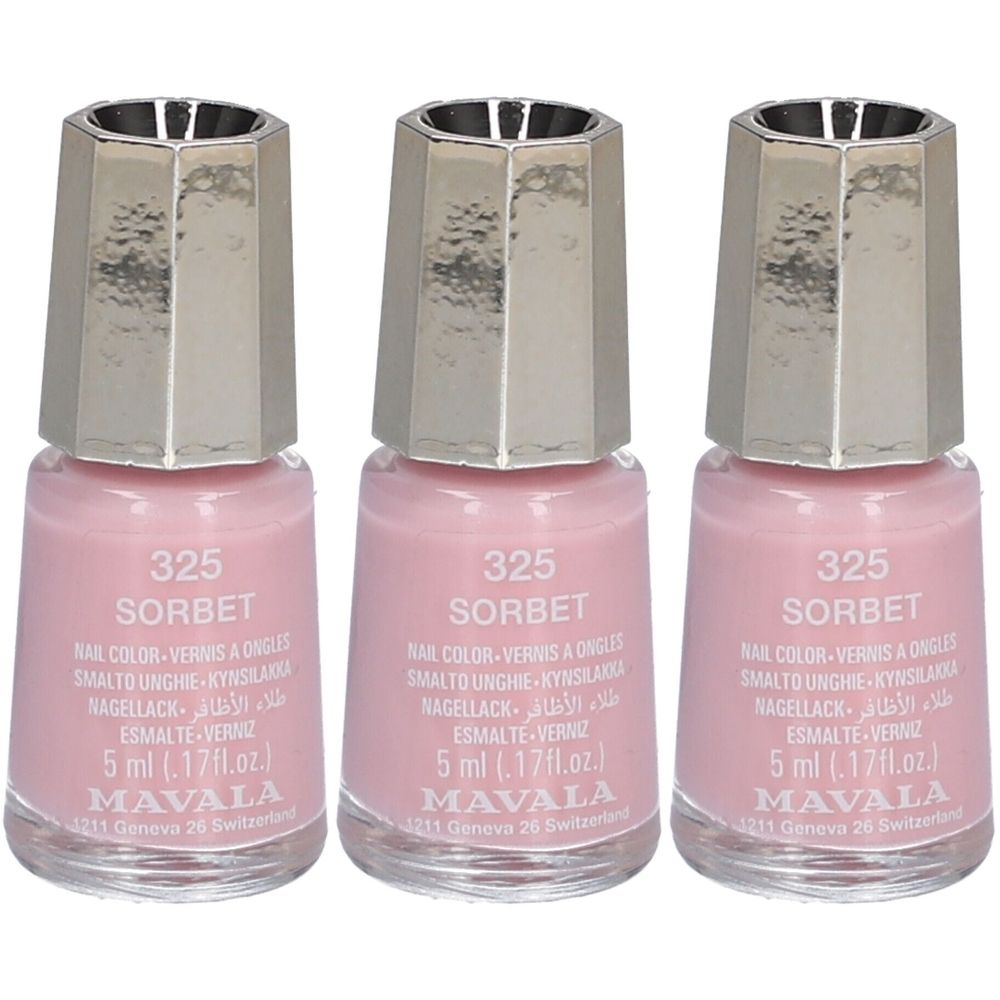 Trois flacons de vernis à ongles roses. Chaque flacon porte l'inscription "325 SORBET" et un bouchon argenté. Marque : MAVALA.