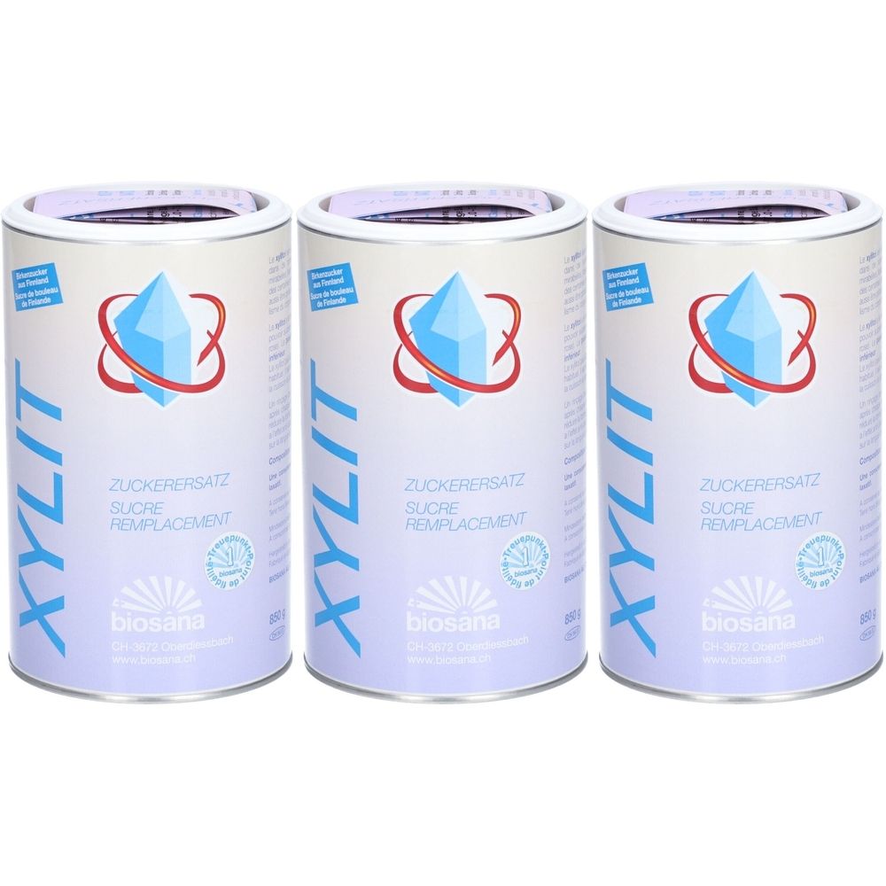 Trois boîtes de substitut de sucre Xylit de Biosana, avec logo cristal bleu et indications d'origine.