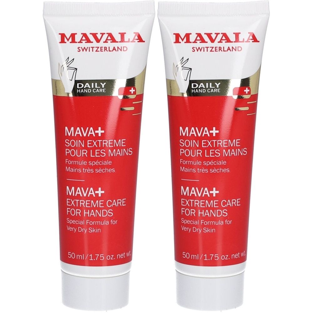 Deux tubes de crème pour les mains. Bouchon blanc, corps rouge avec texte blanc. Marque: MAVALA. Texte: MAVA+ Extreme Care for Hands, 50 ml.