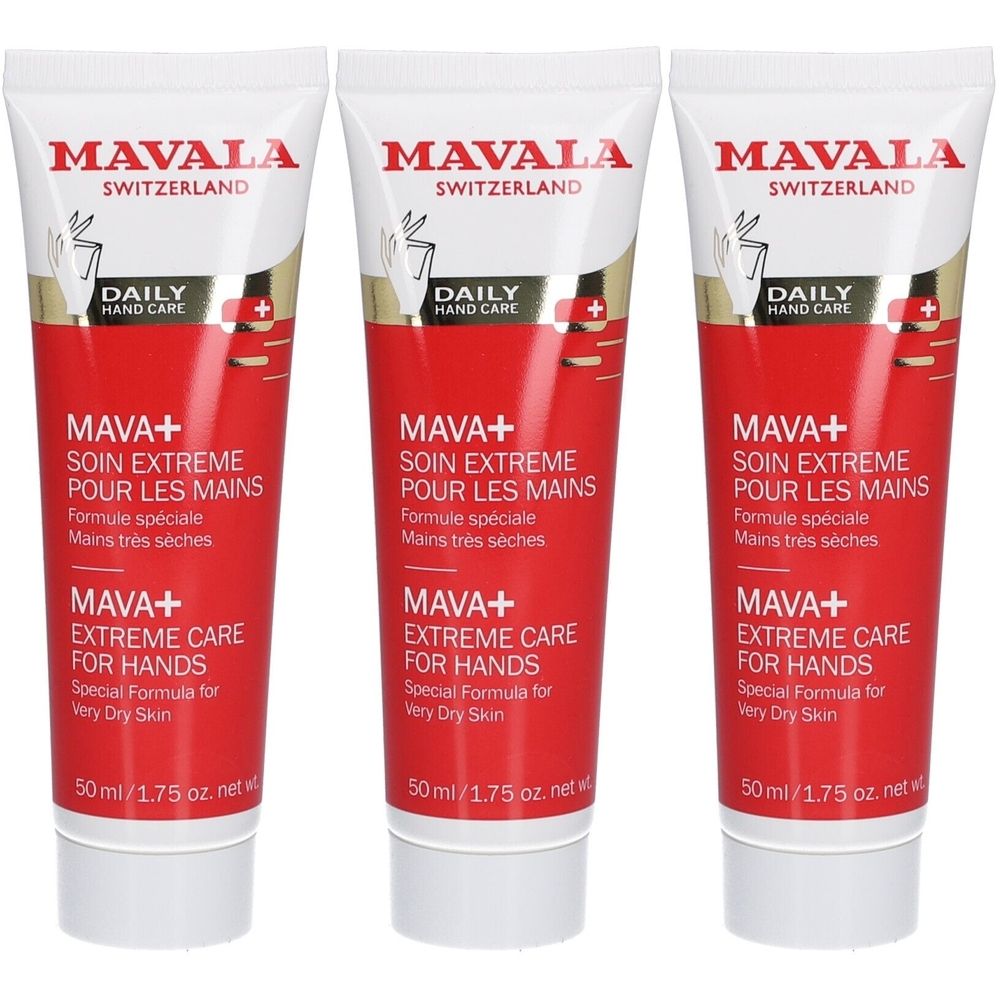 Trois tubes de crème pour les mains. Tubes rouges avec bouchons blancs. Inscription: MAVALA, MAVA+, Extreme Care for Hands, Daily Hand Care.