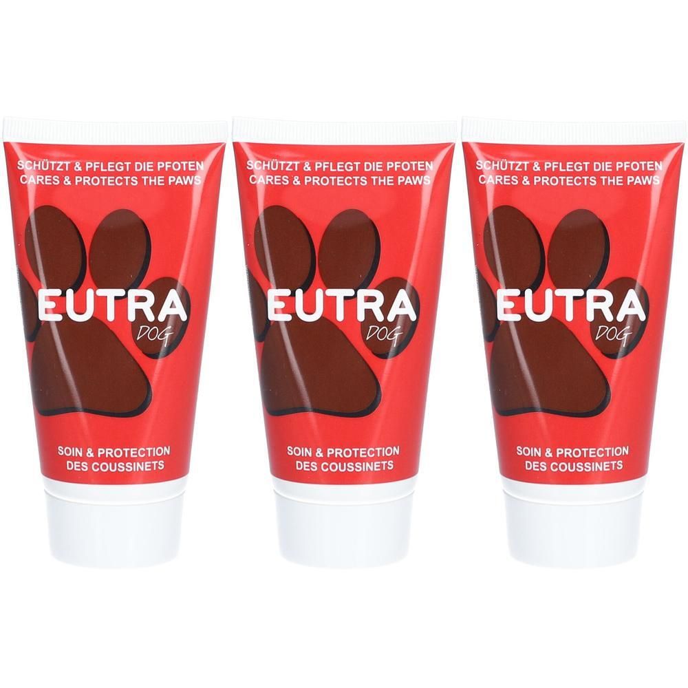 Drie rode tubes met bruine pootafdrukken en de tekst EUTRA DOG. Verzorging & bescherming van hondenschoenen.