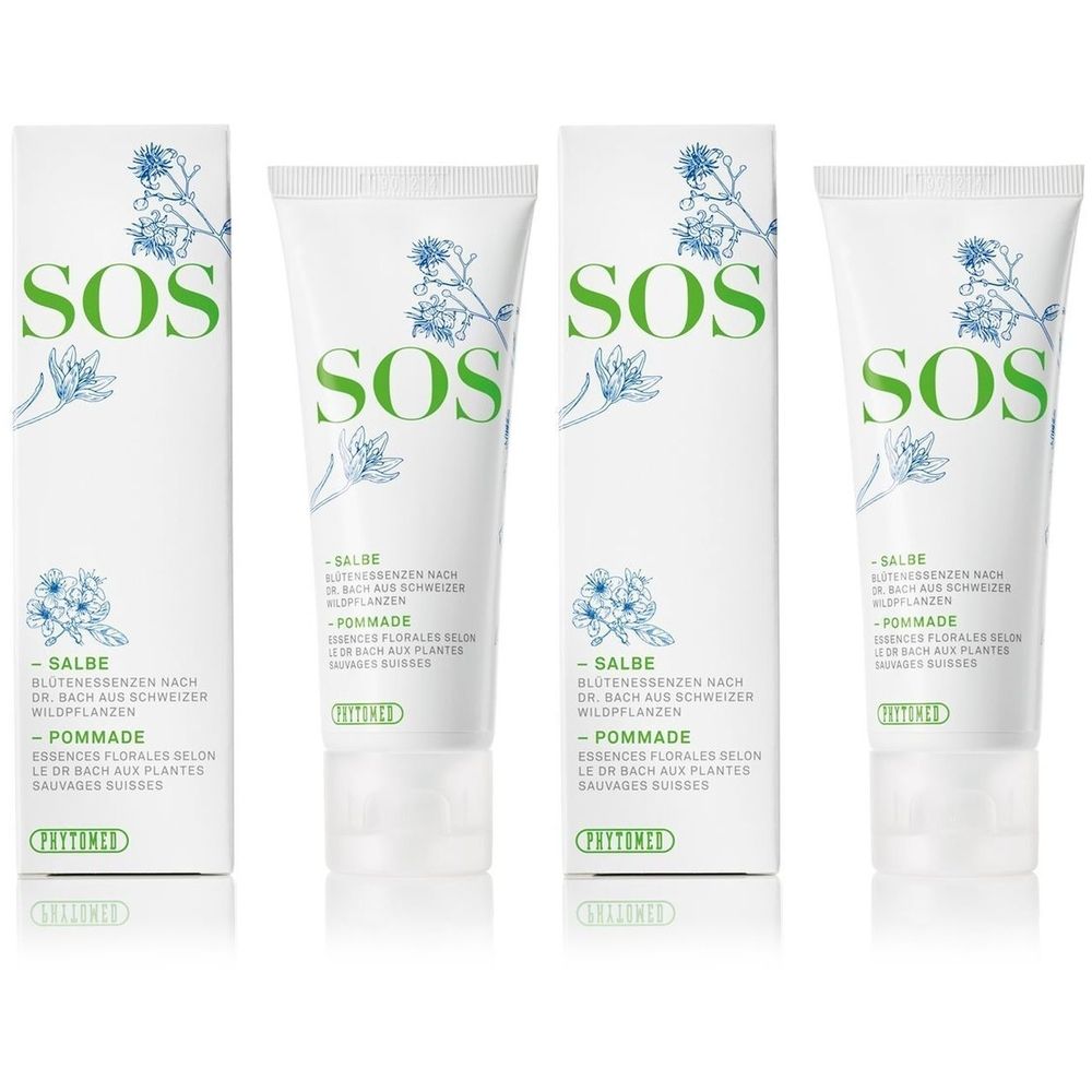 Quatre tubes et emballages. Inscription SOS, Salbe, Pommade. Emballage blanc avec motif floral et texte vert.