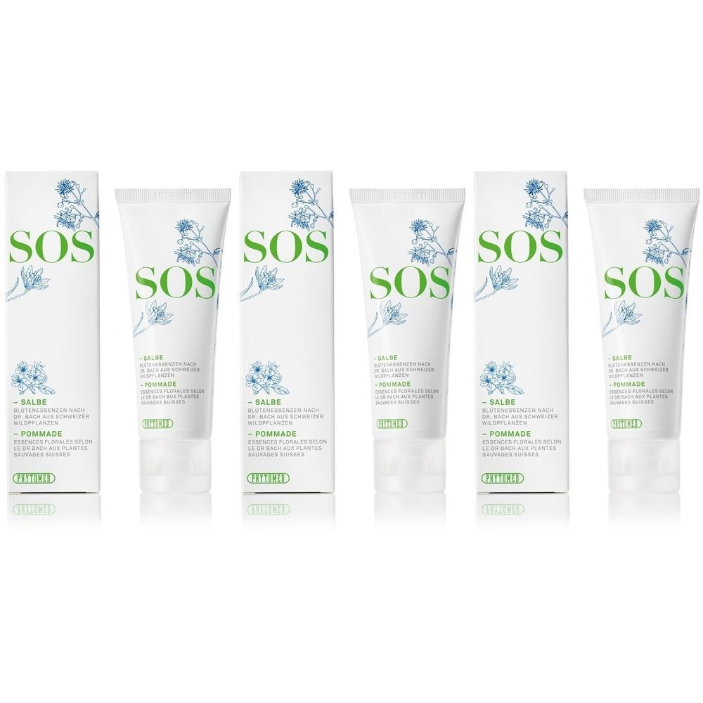 Plusieurs tubes et emballages. Tubes blancs avec inscription verte SOS, motif floral et nom du produit. Boîtes avec le même design.