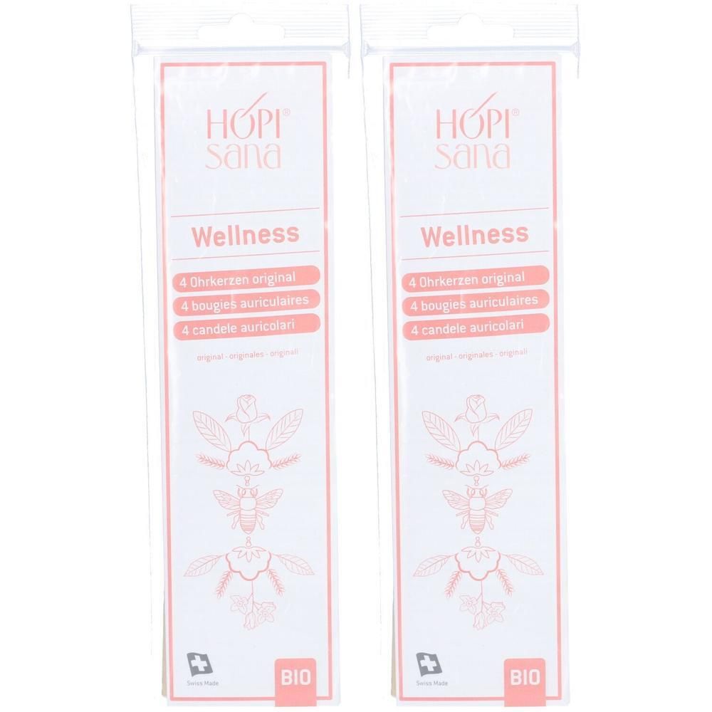 Twee HOPI Sana Wellness verpakkingen. Elke verpakking bevat 4 oor kaarsen. BIO-label rechtsonder.