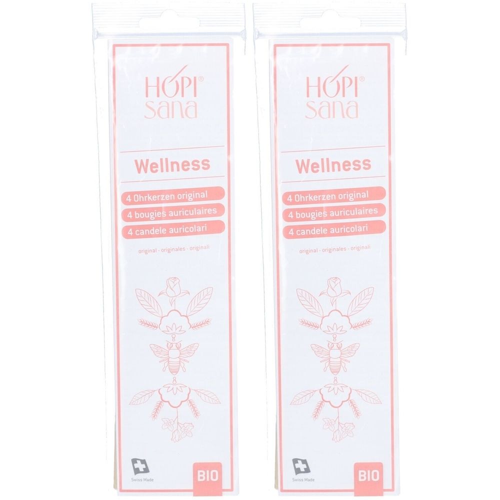 Deux emballages HOPI Sana Wellness. Chaque emballage contient 4 bougies auriculaires. Label BIO en bas.
