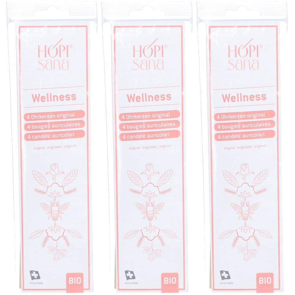 Drie HOPI Sana Wellness verpakkingen. Elke verpakking bevat 4 oorthermische kaarsen. Logo, tekst en bio-label.