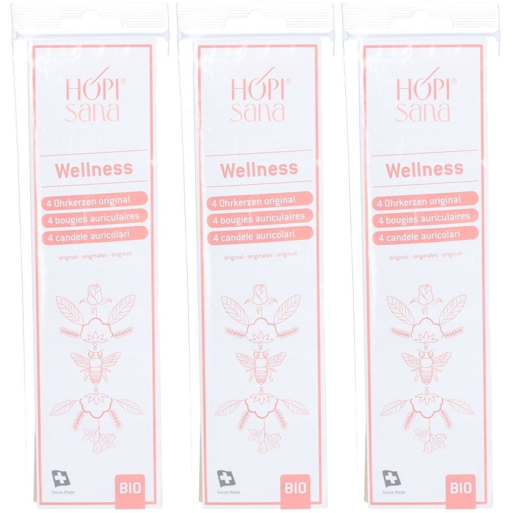 Drie HOPI Sana Wellness verpakkingen. Elke verpakking bevat 4 oorthermische kaarsen. Logo, tekst en bio-label.