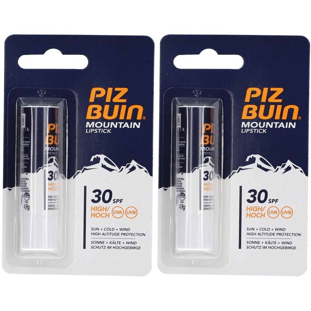 Twee lippenstiften in blisterverpakking. Opschrift: PIZ BUIN Mountain Lipstick, 30 SPF, UVA/UVB-bescherming.