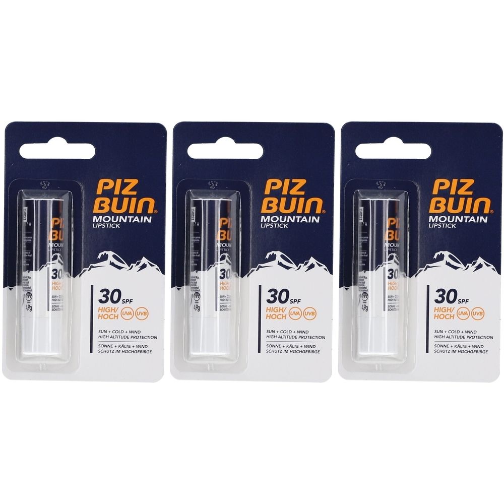 Drie lippenstiften in blisterverpakking. Opdruk: PIZ BUIN Mountain Lipstick, 30 SPF, bescherming tegen zon, kou en wind.