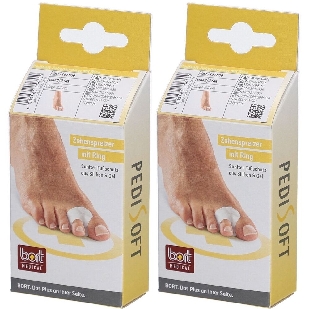 Deux boîtes de produit. Impression : écarteur d'orteils avec anneau, protection douce du pied en silicone et gel. Marque : PEDISOFT, bort MEDICAL.