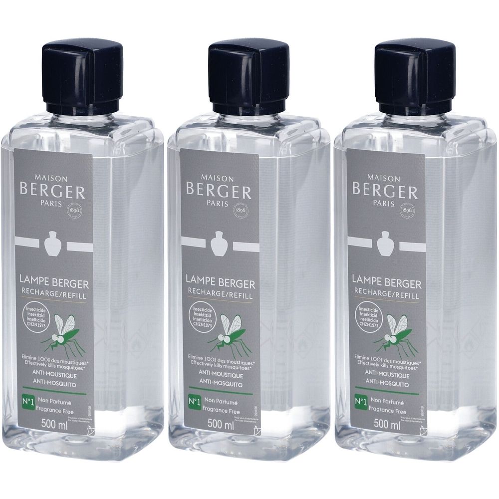 Trois flacons transparents avec bouchons noirs. Étiquettes avec "MAISON BERGER PARIS" et "LAMPE BERGER RECHARGE/REFILL".