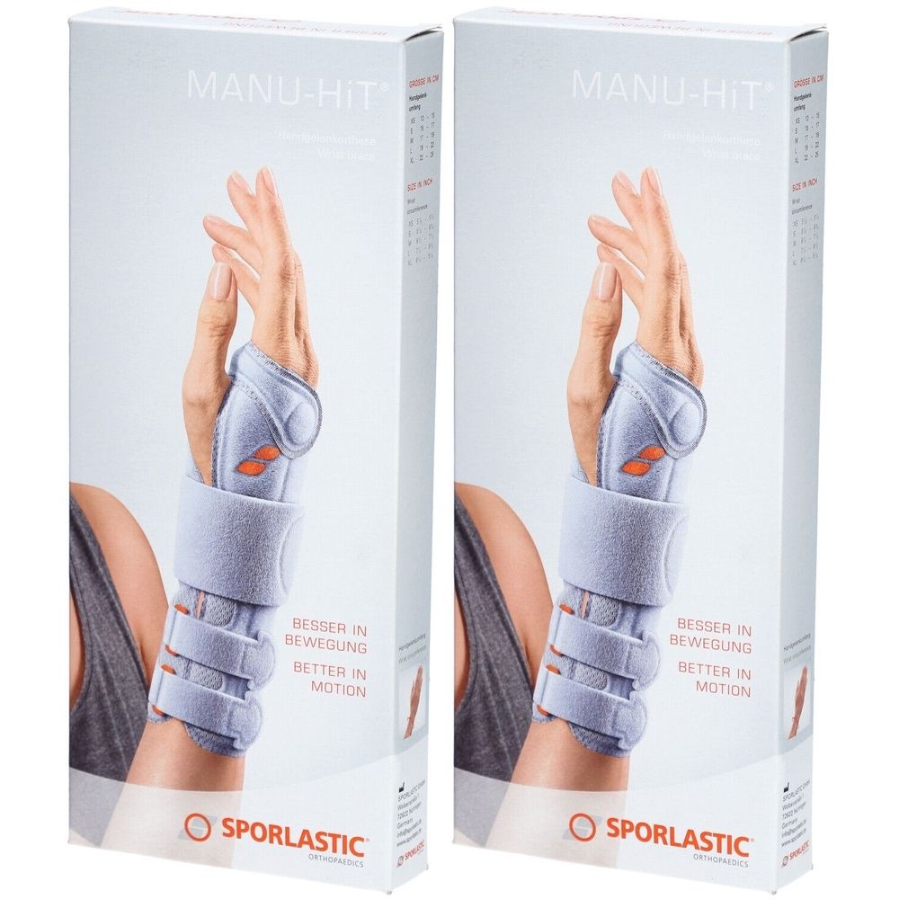 Deux boîtes de produit avec attelle de poignet. Inscription: MANU-HIT, SPORLASTIC. Texte: Besser in Bewegung, Better in Motion. Une main avec attelle est illustrée.