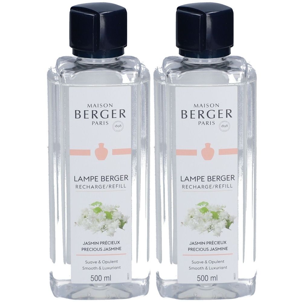 Deux flacons avec bouchons noirs. Étiquette: Maison Berger Paris, Lampe Berger, Jasmin Précieux, 500 ml.