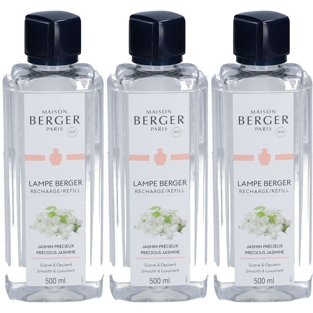 Trois flacons avec bouchon noir. Étiquette: Maison Berger Paris, Lampe Berger, Jasmin Précieux, 500 ml.