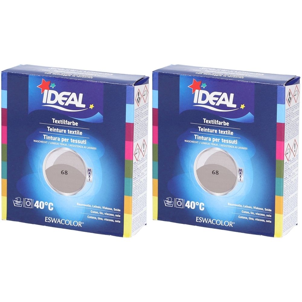 Twee rechthoekige dozen met IDEAL textielverf. Opschriften: Textilfarbe, Teinture textile, Tintura per tessuti. Kleur 68. Temperatuur 40°C. ESWACOLOR.