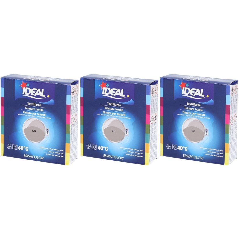 Trois boîtes de teinture textile. Chaque boîte porte IDEAL, Textilfarbe, 40°C et ESWACOLOR.
