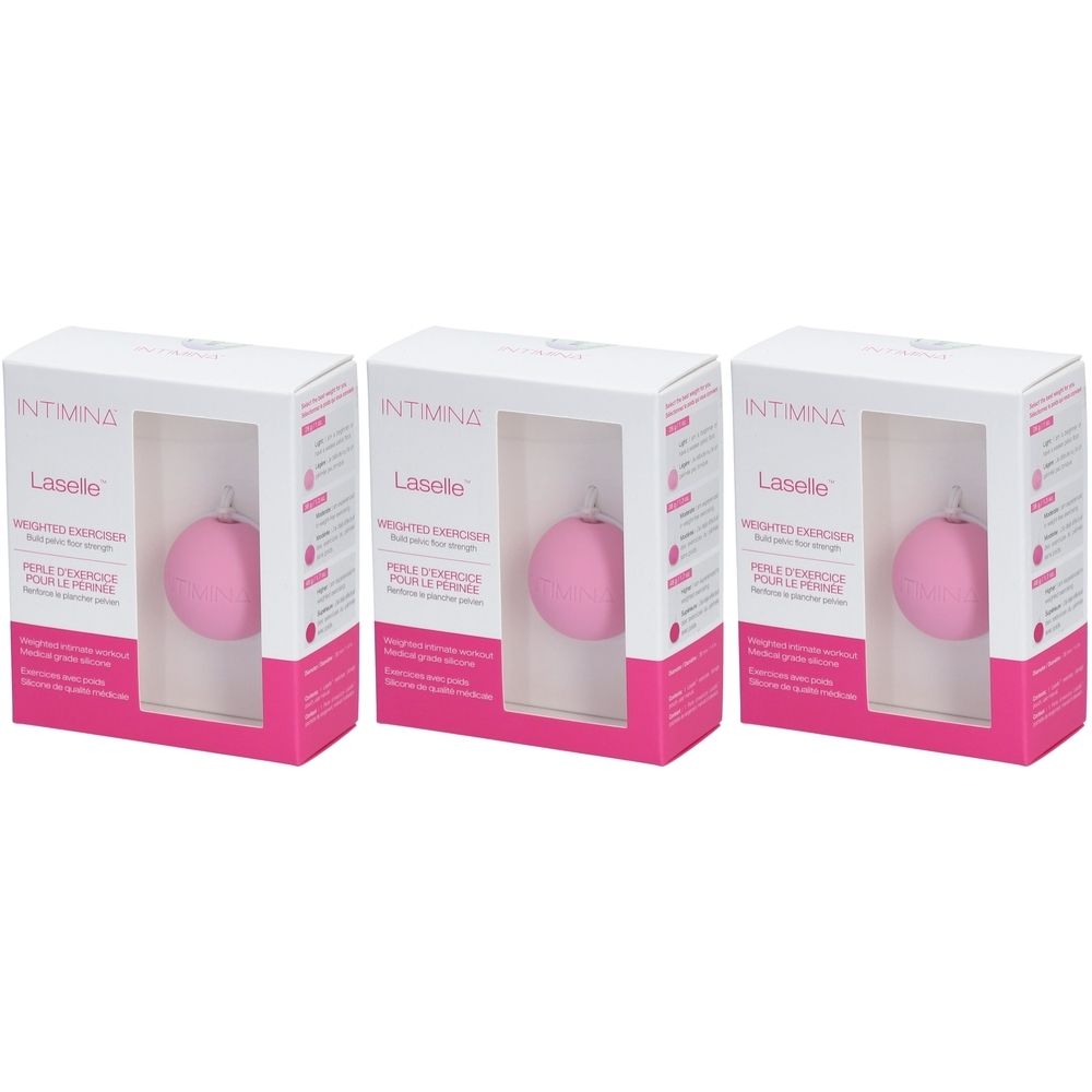 Trois boîtes avec des boules roses. Chaque boîte montre une boule à travers une fenêtre. Imprimé : Intimina Laselle, Weighted Exerciser.