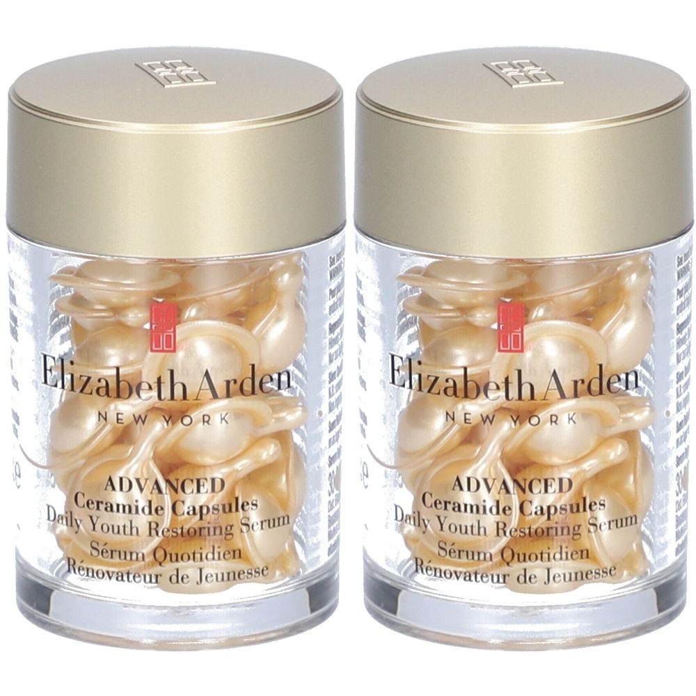 Deux flacons transparents avec capsules dorées. Inscription: Elizabeth Arden, Advanced Ceramide Capsules Daily Youth Restoring Serum.