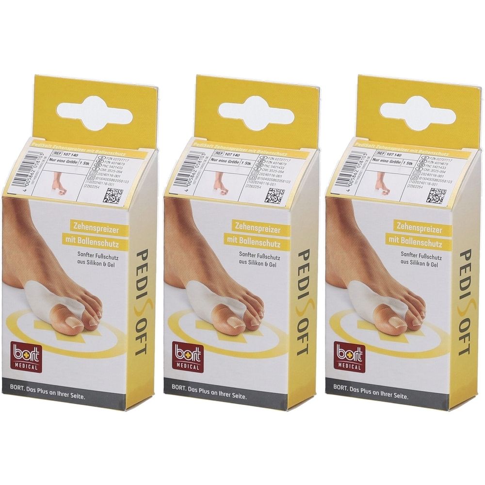 Drie verpakkingen met teenspreiders. Geel-witte dozen met productafbeelding en opschrift PediSoft en BORT MEDICAL.
