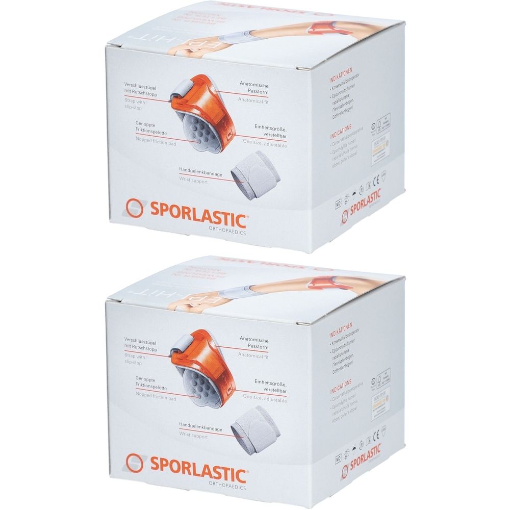 Deux boîtes de produit. Inscriptions : SPORLASTIC, illustration du produit, nom du produit, informations médicales.