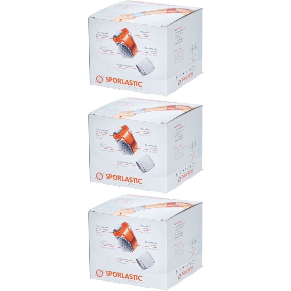 Trois boîtes de produit. Chaque boîte présente un dispositif médical orange et un accessoire blanc. Logo SPORLASTIC.