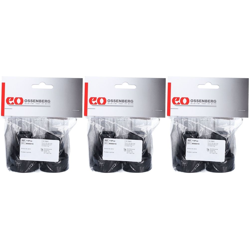 Drie verpakkingen zwarte krukdoppen met metalen inzet. Elke verpakking bevat twee doppen, verpakt in folie, met etiket en kartonnen ophanger.