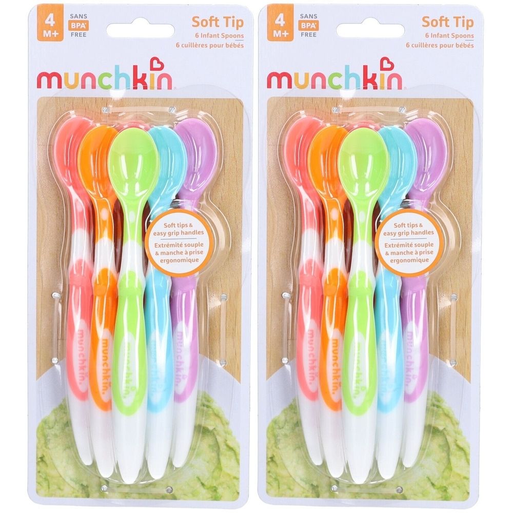 Verpakking met zes babylepels. Meerkleurige lepels met Soft Tip en ergonomische handgrepen. Merk: Munchkin.