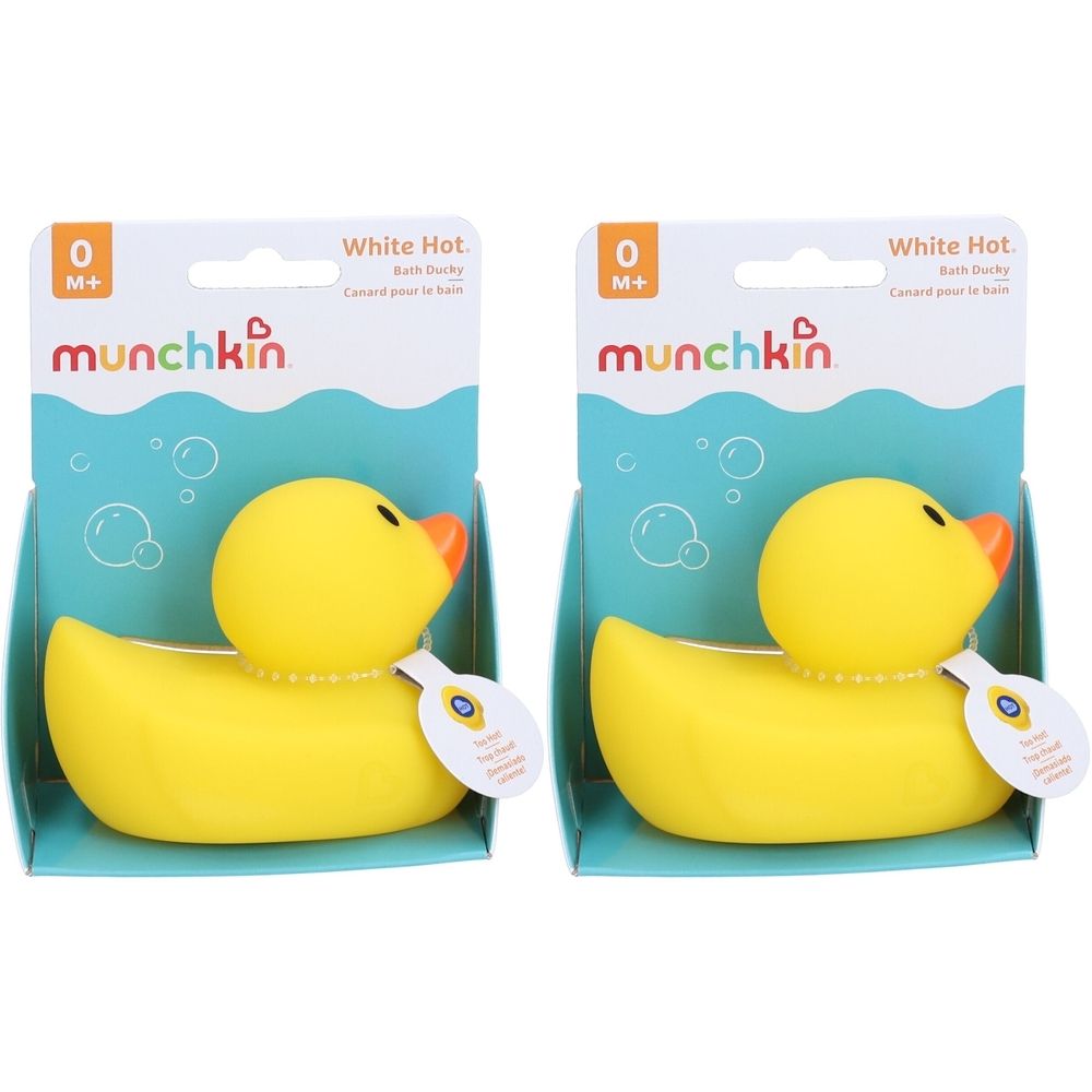 Twee gele badeenden met thermometerlabel in verpakking. Merk: munchkin. Opschrift: White Hot.