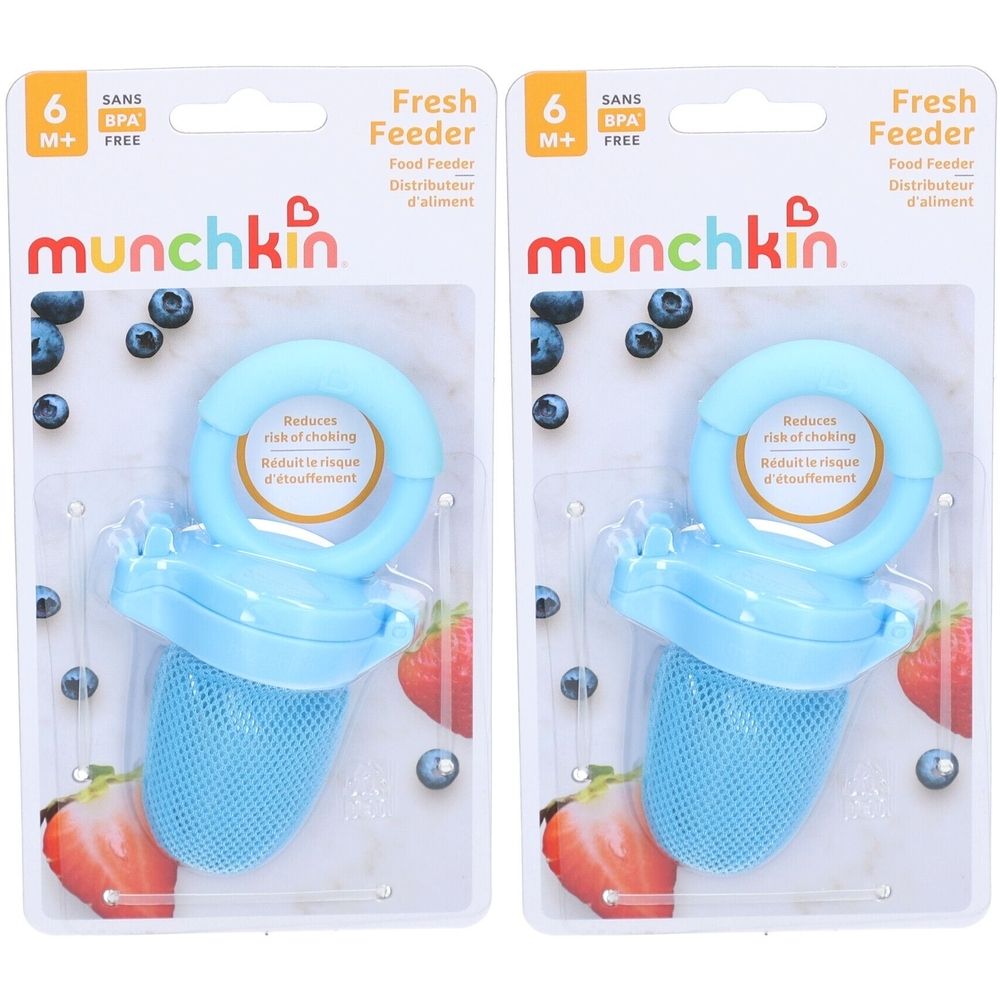 Twee blauwe Fresh Feeders van Munchkin in verpakking. Met handvat, netzakje en BPA-vrij-aanduiding. Geschikt vanaf 6 maanden.