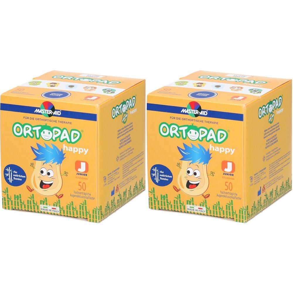 Twee dozen ORTOPAD happy, 50 stuks per doos. Gele verpakking met stripfiguur en productlogo.