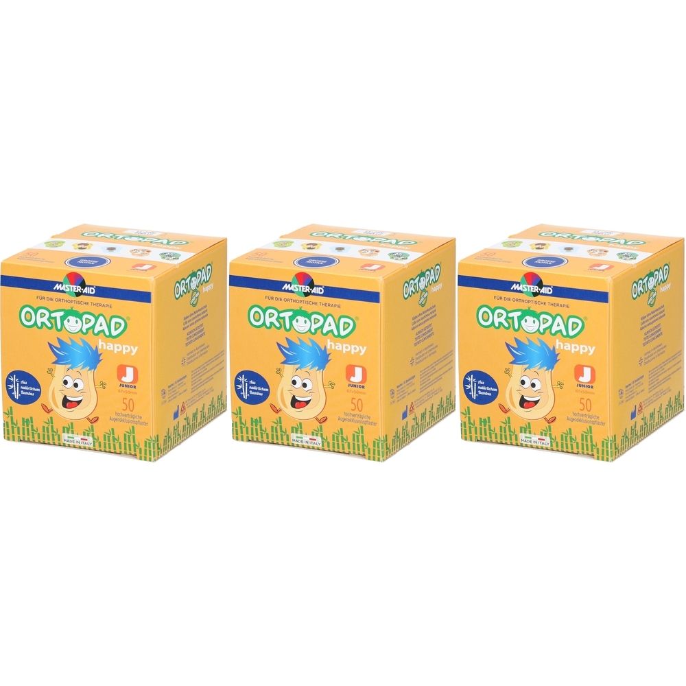 Trois boîtes ORTOPAD Glücklich, chacune contenant 50 pièces. Emballage jaune avec personnage de dessin animé et informations produit.